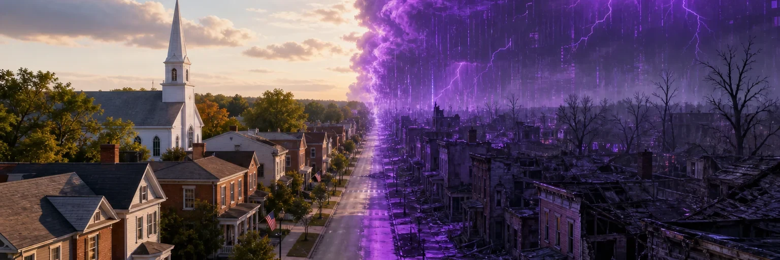 Small-town America split down Main Street: a Twitch-purple storm over ruins on the left, church and flags on the right