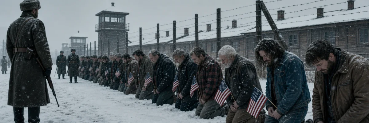 Snow gulag yard: American patriots on their knees holding small US flags, watchtowers and wire behind them