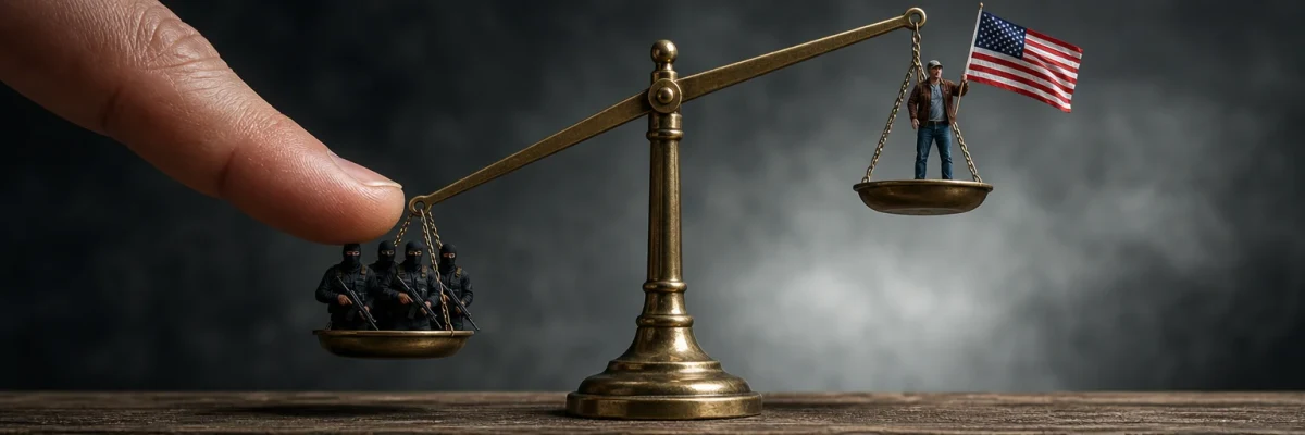 Brass scales: masked terrorists on the down pan, a giant finger cheating that side, a patriot with a US flag on the raised pan